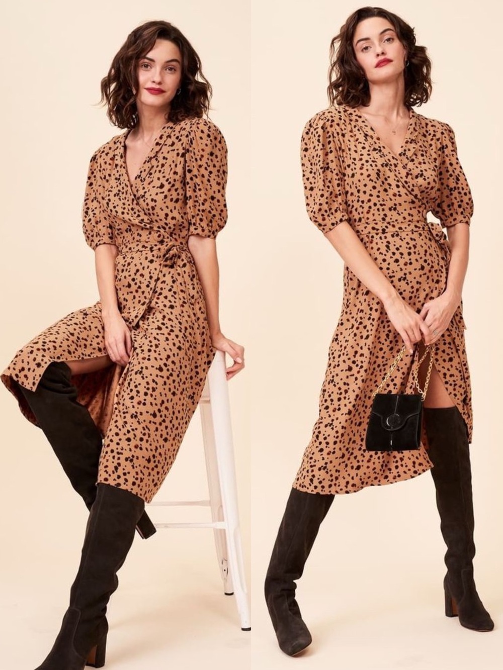 ROUJE Tan Brown Black Leopard Animal Print Louisa V Neck Midi Belted Wrap Dress